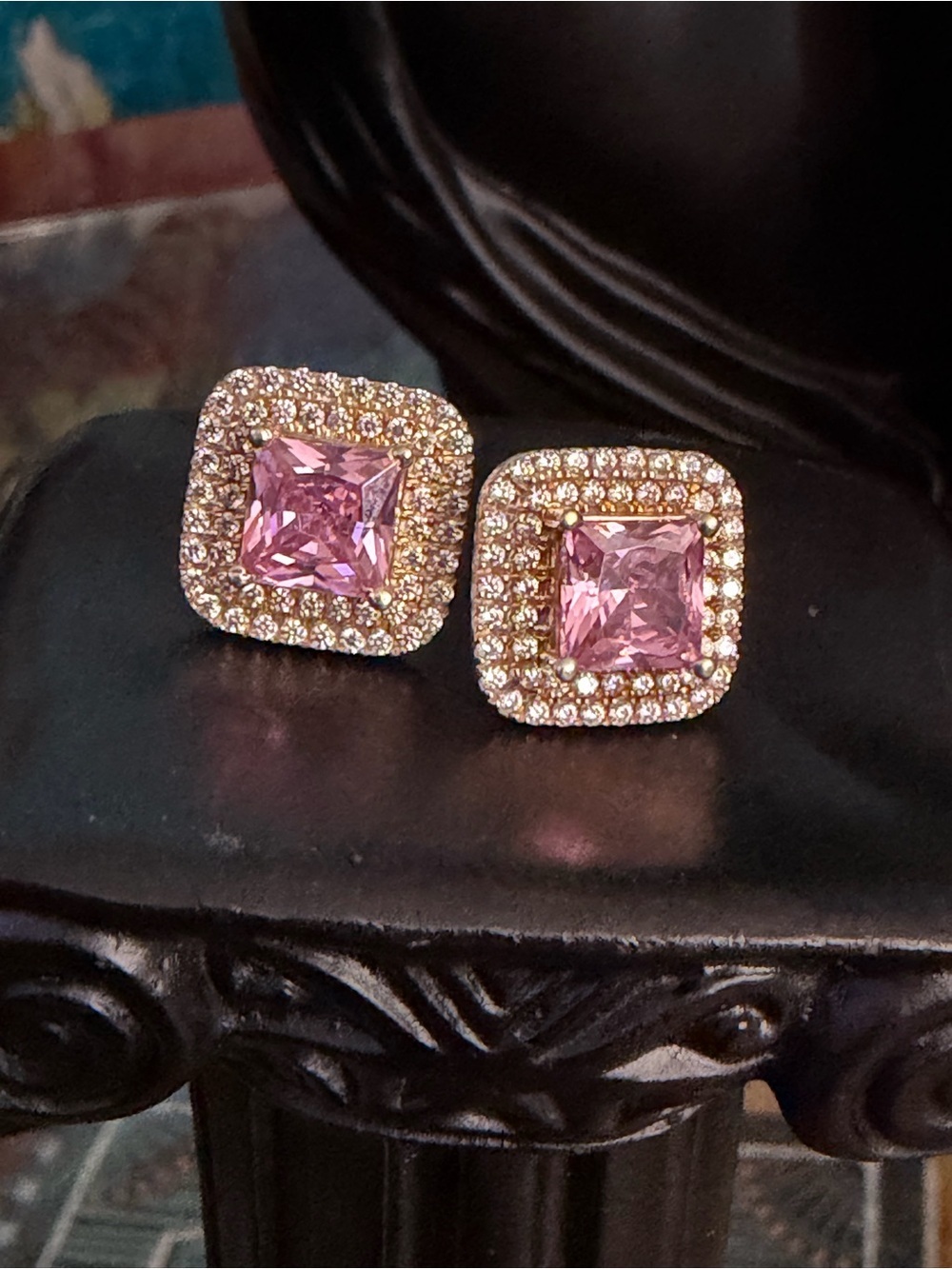 Pink Square Sapphire Stud Earrings w 2 Rows of CZ Set in Silver-Tone Setting